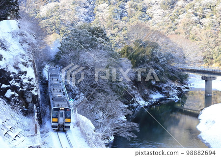 水軍線“沿著久慈川和雪山行駛的火車” 98882694