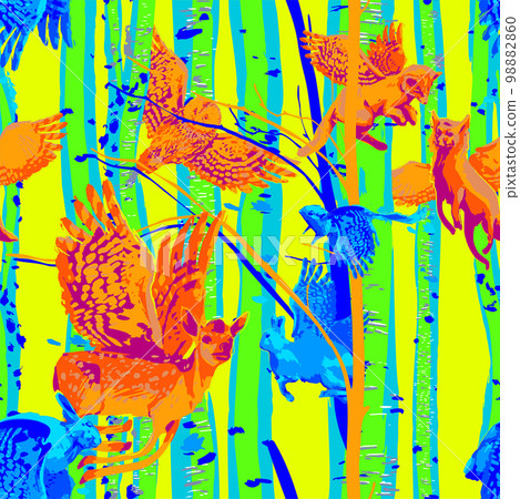 Seamless pattern of winged forest animals flying among birch trunks. 98882860