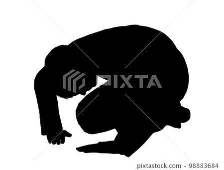 An illustration of a man kneeling from above, looking down on the front of his body 98883684