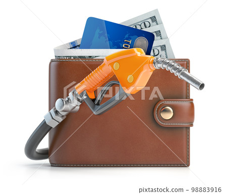 Wallet or purse with money, credit card and gas pump nozzle. Wallet or purse with money, credit card and gas pump nozzle. 98883916