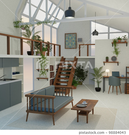 有大窗戶內部和家具的時髦的房子 98884043