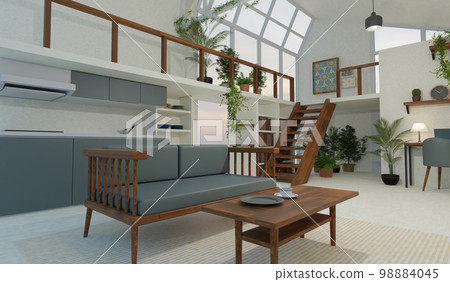 有大窗戶內部和家具的時髦的房子 98884045