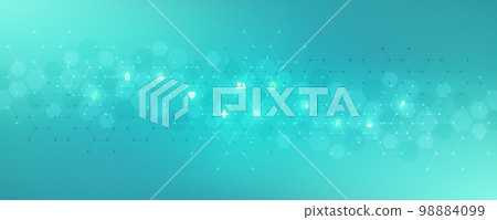 Medical background and healthcare technology with flat icons and symbols. Concept and idea for health care business, innovation medicine, health safety, science, medical research, and development. 98884099