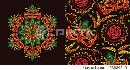 Set of round ornament, seamless pattern for Carnival decoration. Masquerade orange mask, feathers, roses, ribbons, beads on dark background. For prints, clothing, t shirt, holiday goods Set of round ornament, seamless pattern for Carnival decoration. Masquerade orange mask, feathers, roses, ribbons, beads on dark background. For prints, clothing, t shirt, holiday goods 98884243