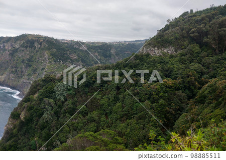 The green mountains of Madeira Island on a cloudy foggy day. 98885511