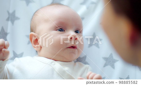 Newborn baby happy to looking on his mom . Happy mother spends time with her child. Mother playing with an infant kid. Infant with blue eyes happy being with mama. Maternity and childcare concept. Newborn baby happy to looking on his mom . Happy mother spends time with her child. Mother playing with an infant kid. Infant with blue eyes happy being with mama. Maternity and childcare concept. 98885582