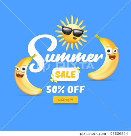 Summer sale funny square banner with cartoon sun and funky banana character isolated on summer blue background. Vector 3d horizontal summer hot sale poster, flyer, banner, tag and background Summer sale funny square banner with cartoon sun and funky banana character isolated on summer blue background. Vector 3d horizontal summer hot sale poster, flyer, banner, tag and background 98886224