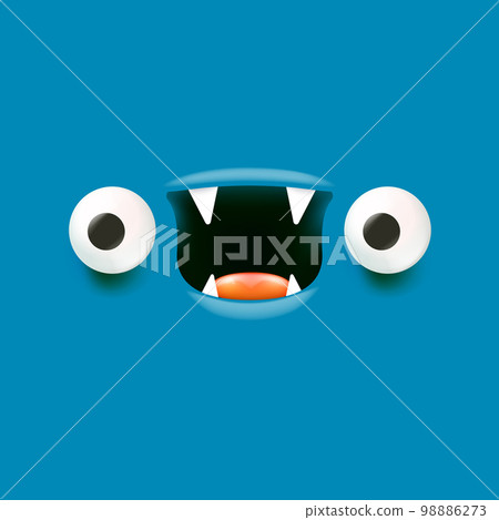 Vector funny angry blue monster face with open mouth with fangs and evil eyes isolated on blue background. Halloween cute and angry monster design template for poster, banner and tee print 98886273