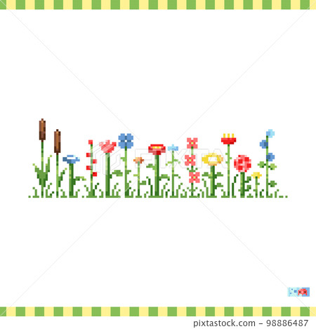 Pixel art line of flowers icon. Vector 8 bit style illustration of line of wildflowers. Cute decorative forest element of retro video game computer graphic for game asset, sprite, sticker or web. 98886487