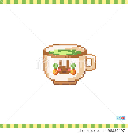 Pixel art green tea cup icon. Vector 8 bit style illustration of cup of matcha. Cute decorative element of retro video game computer graphic for game asset, sprite, sticker or web. 98886497