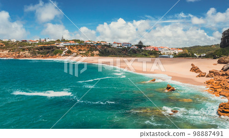 Beautiful sandy beach on summer sunny day with azure water. Aerial view 98887491