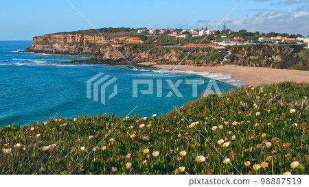 Beautiful coastline seascape in Europe.  Beautiful rocky seascape with rolling waves to the shore. Aerial view 98887519