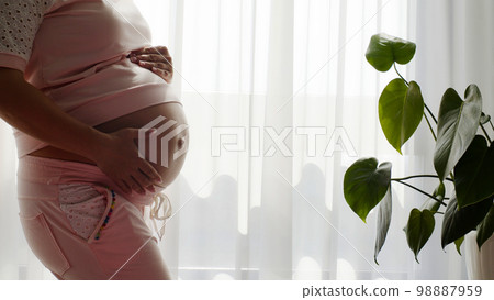 Pregnant woman expecting a baby. Adult pregnant woman feeling happy at home while strokes her child in  a belly. Pregnant woman  near window at home strokes touches her big belly. 98887959