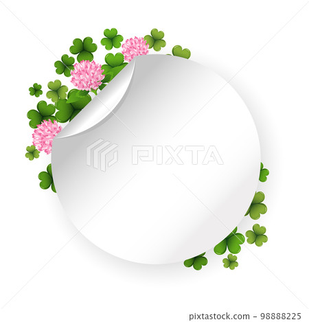 White round paper sheet template decorated with flowers and leaves of clover, shamrock. St. Patrick's Day. Background for text, vector White round paper sheet template decorated with flowers and leaves of clover, shamrock. St. Patrick's Day. Background for text, vector 98888225