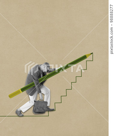 Contemporary art collage. Conceptual design. Employee, man drawing ladder to success, working on professional and personal growth 98888277