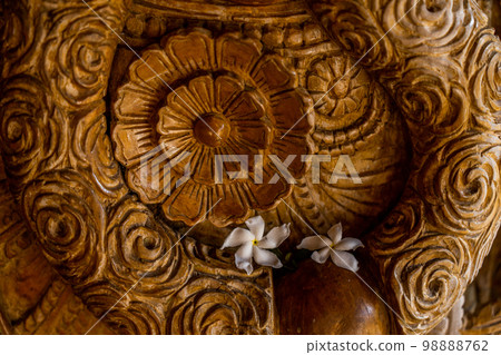 Close up of the wooden carving detail, Alleppey, Kerala, India 98888762