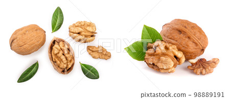 Walnuts with leaf isolated on white background. Top view. Flat lay 98889191