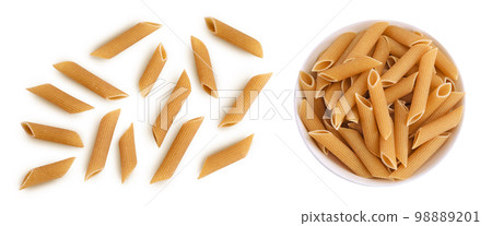 Wolegrain penne pasta from durum wheat isolated on white background with full depth of field. Top view. Flat lay, Wolegrain penne pasta from durum wheat isolated on white background with full depth of field. Top view. Flat lay, 98889201
