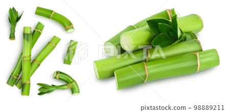 Green bamboo with leaves isolated on white background . Top view with copy space for your text.. Flat lay Green bamboo with leaves isolated on white background . Top view with copy space for your text.. Flat lay 98889211