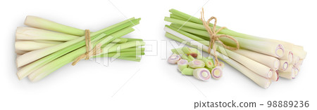 Fresh Lemongrass isolated on white background with full depth of field, Top view. Flat lay Fresh Lemongrass isolated on white background with full depth of field, Top view. Flat lay 98889236