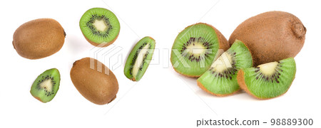 sliced kiwi fruit isolated on white background. Flat lay pattern. Top view 98889300