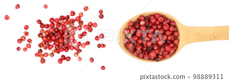 red peppercorns seeds in wooden spoon isolated on white background. Top view. Flat lay red peppercorns seeds in wooden spoon isolated on white background. Top view. Flat lay 98889311