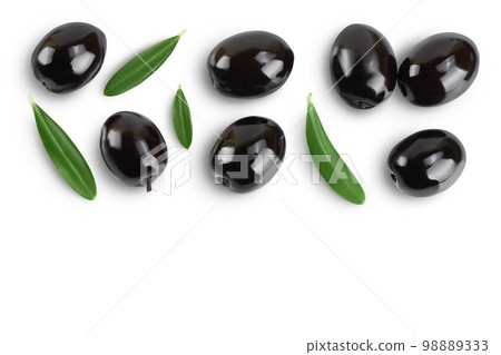 Black olives with leaves isolated on a white background with full depth of field. Top view with copy space for your text. Flat lay 98889333