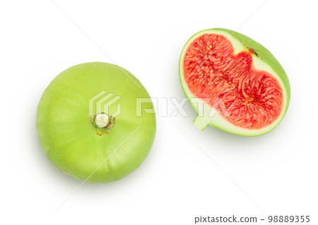 Ripe green fig fruit isolated on white background with full depth of field. Top view. Flat lay. Ripe green fig fruit isolated on white background with full depth of field. Top view. Flat lay. 98889355