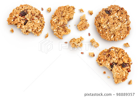 Granola cookie isolated on white background with full depth of field. Top view with copy space for your text. Flat lay. 98889357
