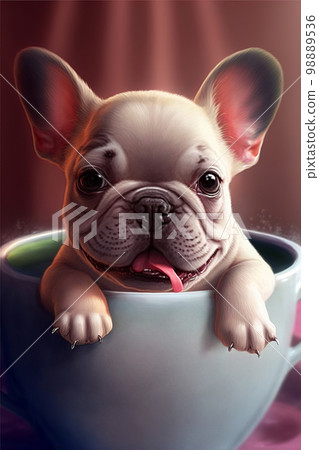 Funny ,puppy French bulldog in a big white cup, cartoon 98889536
