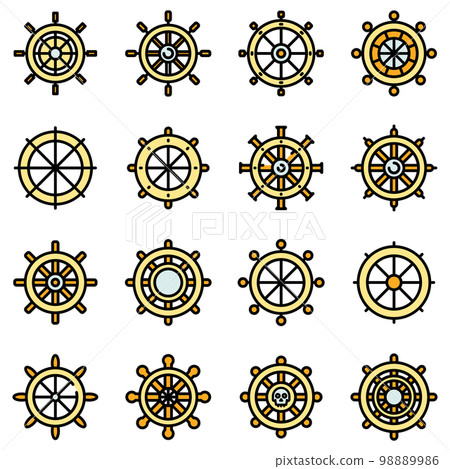 Ship wheel icons set. Outline set of ship wheel vector icons thin line color flat on white 98889986