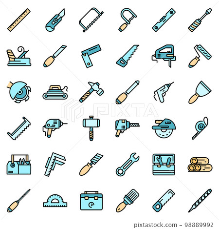Carpenter tools icons set. Outline set of carpenter tools vector icons thin line color flat on white 98889992