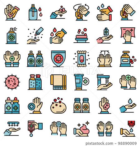 Antiseptic icons set. Outline set of antiseptic vector icons thin line color flat on white 98890009
