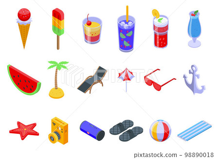 Summer party icons set. Isometric set of summer party vector icons for web design isolated on white background 98890018