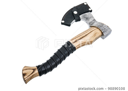 Vintage Old rusty axe with wooden handle and steel sharp blade isolated on white. Tool for labor, for cutting down forests and trees, device for chopping firewood. Equipment for woodcutter. 98890108
