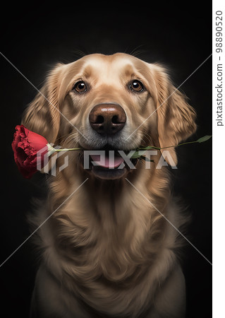 Portrait of a golden retriver dog holding a red rose in its teeth 98890520