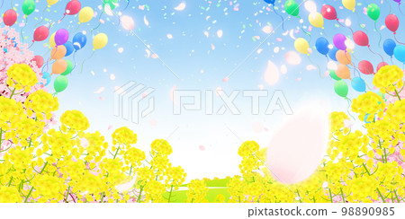Field of rape blossoms and rows of cherry trees Background material Field of rape blossoms and rows of cherry trees Background material 98890985