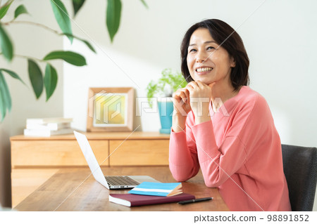 Middle-aged women thinking about asset building Middle-aged women thinking about asset building 98891852