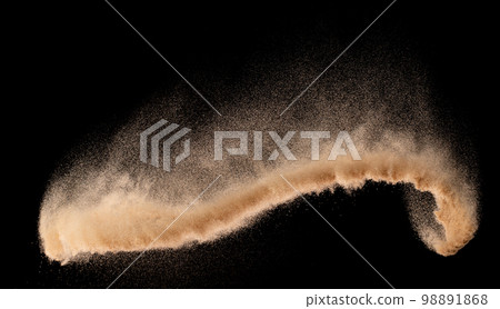 Small size fine Sand flying explosion, Golden grain wave explode. Abstract cloud fly. Yellow colored sand splash silica in Air, Galaxy star universe sign symbol. Element Black background Isolated 98891868