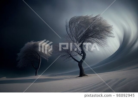 Big storm blowing big tree in arid desert on drought weather Created with Generative AI technology. 98892945