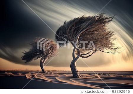 Big storm blowing big tree in arid desert on drought weather Created with Generative AI technology. 98892946