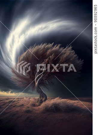 Big storm blowing big tree in arid desert on drought weather Created with Generative AI technology. 98892965