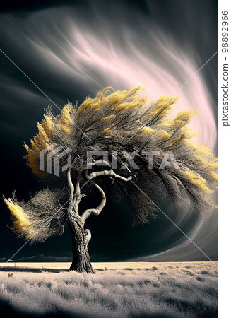 Big storm blowing big tree in arid desert on drought weather Created with Generative AI technology. 98892966