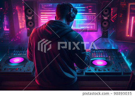 DJ player audio mixing electronic music in a nightclub party Created with Generative AI technology. 98893035