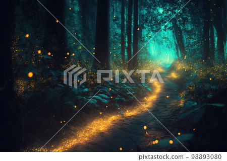 anime scenery of a forest with a path and flowers. generative ai