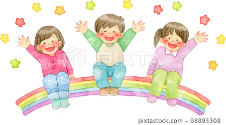 Watercolor illustration of smiling kids sitting on a rainbow and waving (with floral decoration) 98893308