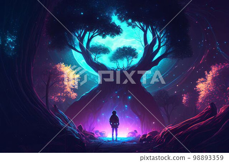 Fantasy of neon forest glowing colorful like fairytale. (Created with Generative AI technology). Fantasy of neon forest glowing colorful like fairytale. (Created with Generative AI technology). 98893359