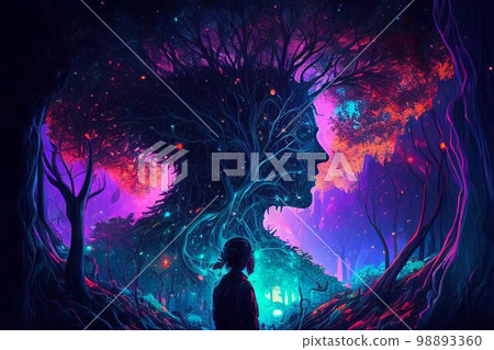 Fantasy of neon forest glowing colorful like fairytale. (Created with Generative AI technology). Fantasy of neon forest glowing colorful like fairytale. (Created with Generative AI technology). 98893360