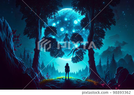 Fantasy of neon forest glowing colorful like fairytale. (Created with Generative AI technology). 98893362