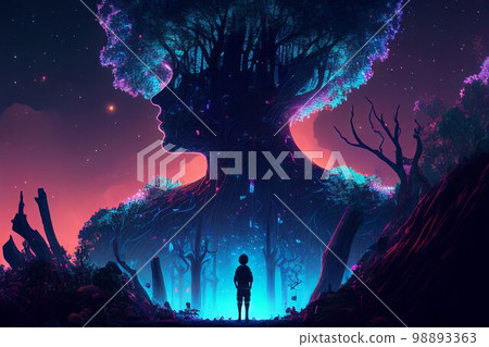 Fantasy of neon forest glowing colorful like fairytale. (Created with Generative AI technology). 98893363